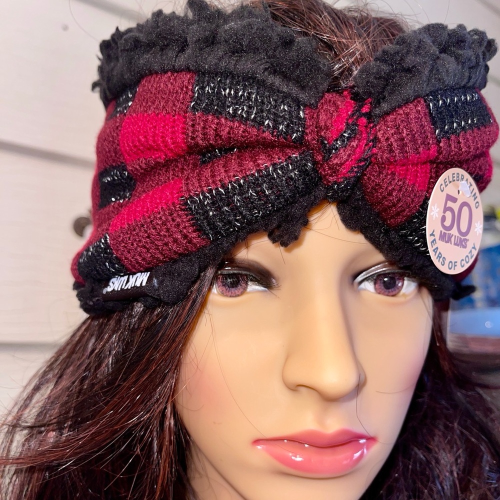MUK LUKS Buffalo Plaid Reversible Headband in Dark Red/Black with Faux Fur - Picture 5 of 16